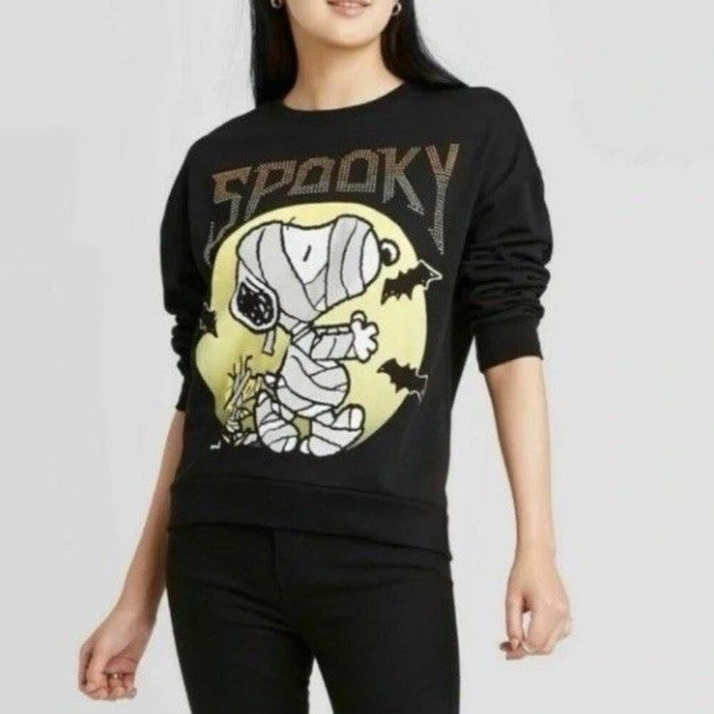 PEANUTS Women's Mummy Snoopy & Woodstock Bling SPOOKY Sweatshirt Size: XS